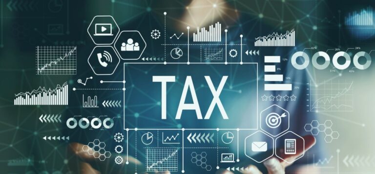 Tax concept with digital icons, charts and financial data graphics